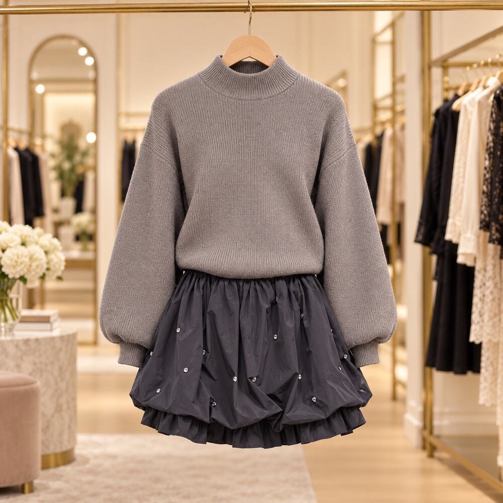 En Saison Florentina NWT Small Gray Rhinestone Bubble Skirt Sweater Mini Dress